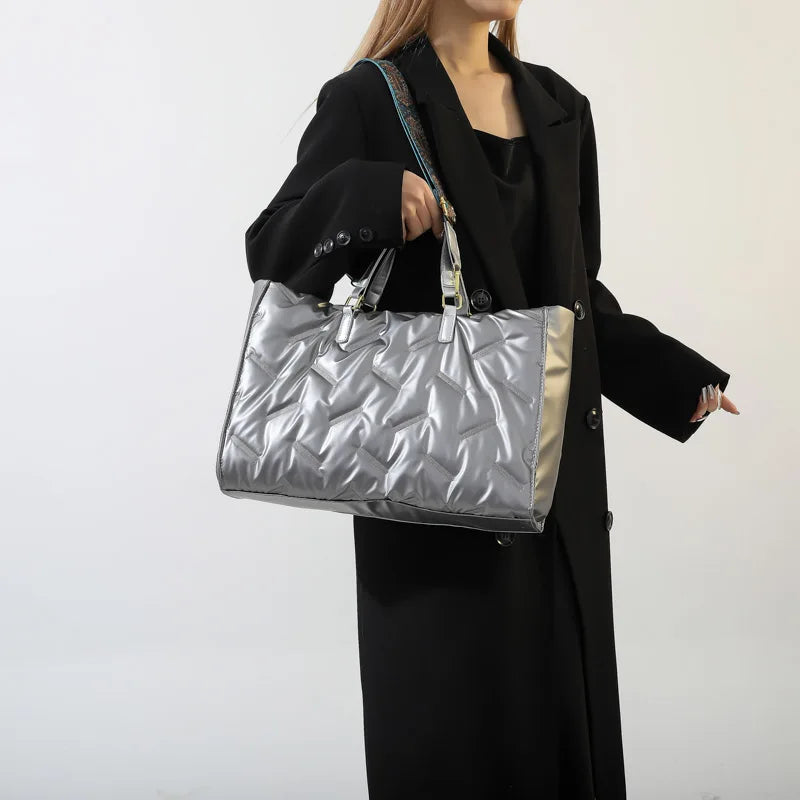 Luxury Quilted Nylon Tote Bag – Large Padded Designer Handbag for Women, Winter Shoulder & Crossbody Style