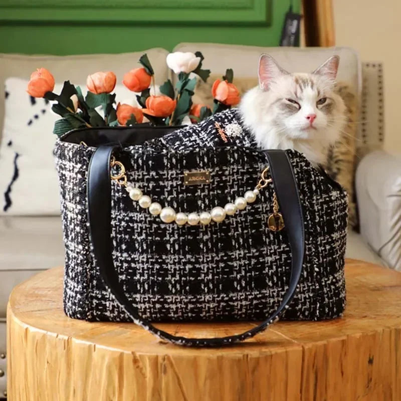 Luxury Plaid Small Dog Carrier Shoulder Bag – Soft-Sided Travel Handbag for Cats & Puppies