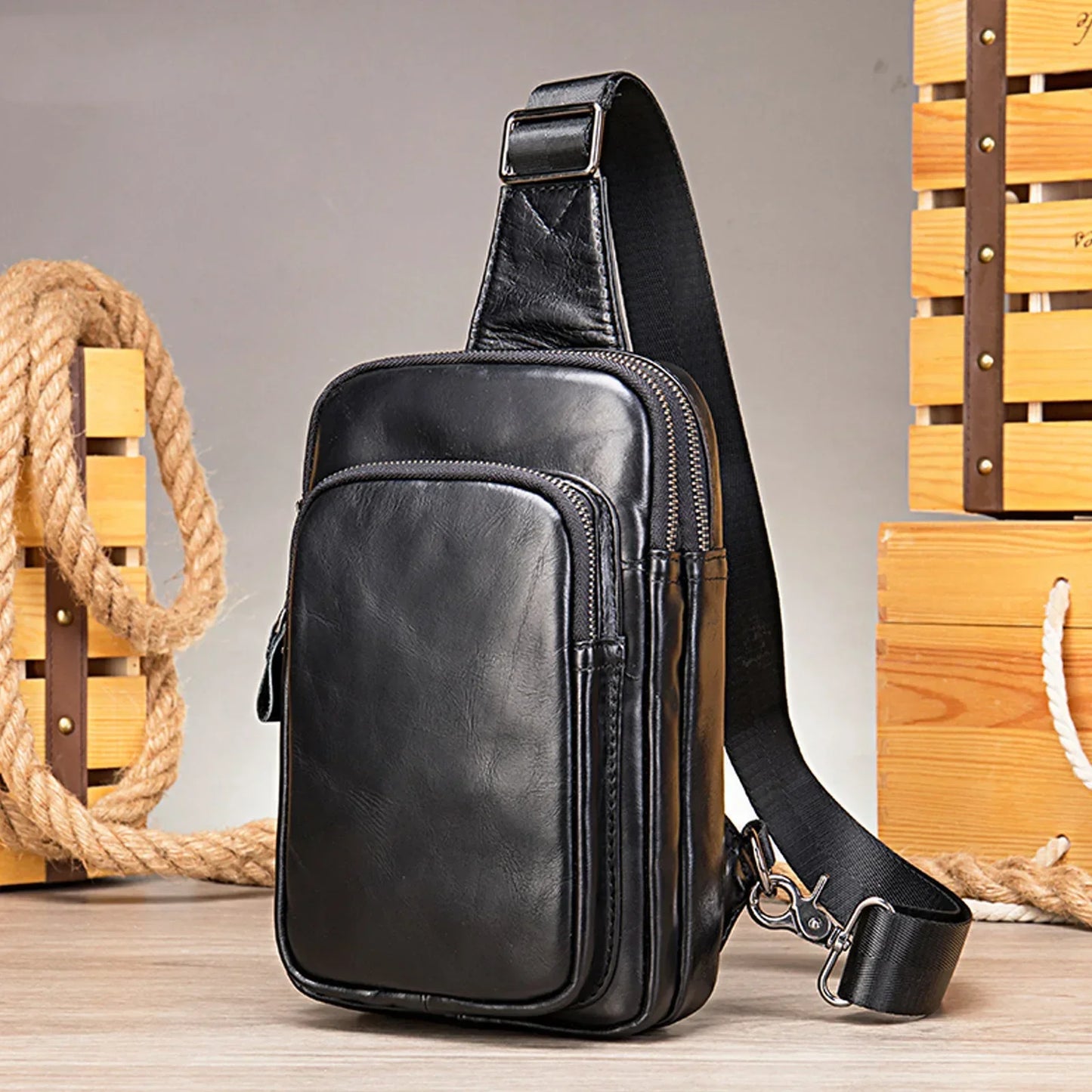 Sling Bag aus echtem Leder – Unisex Casual Brust- und Schultertasche mit Reißverschluss"