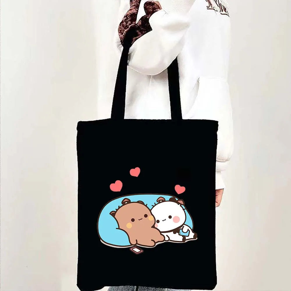 Cute Kawaii Bear Canvas Tote Bag – Bubu Dudu Love Couple Eco-Friendly Cotton Shopper for Women & Girls