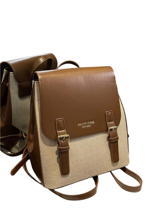 Women’s Stylish Color-Block Backpack – Brown PU Leather Fashion Bag for Work, School & Travel