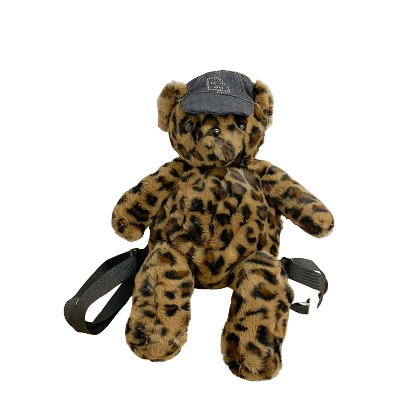 Cute Furry Teddy Bear Backpack – Leopard Print Plush Doll Shaped Bag for Women, Casual Fashion Winter Style