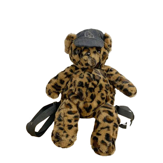 Cute Furry Teddy Bear Backpack – Leopard Print Plush Doll Shaped Bag for Women, Casual Fashion Winter Style