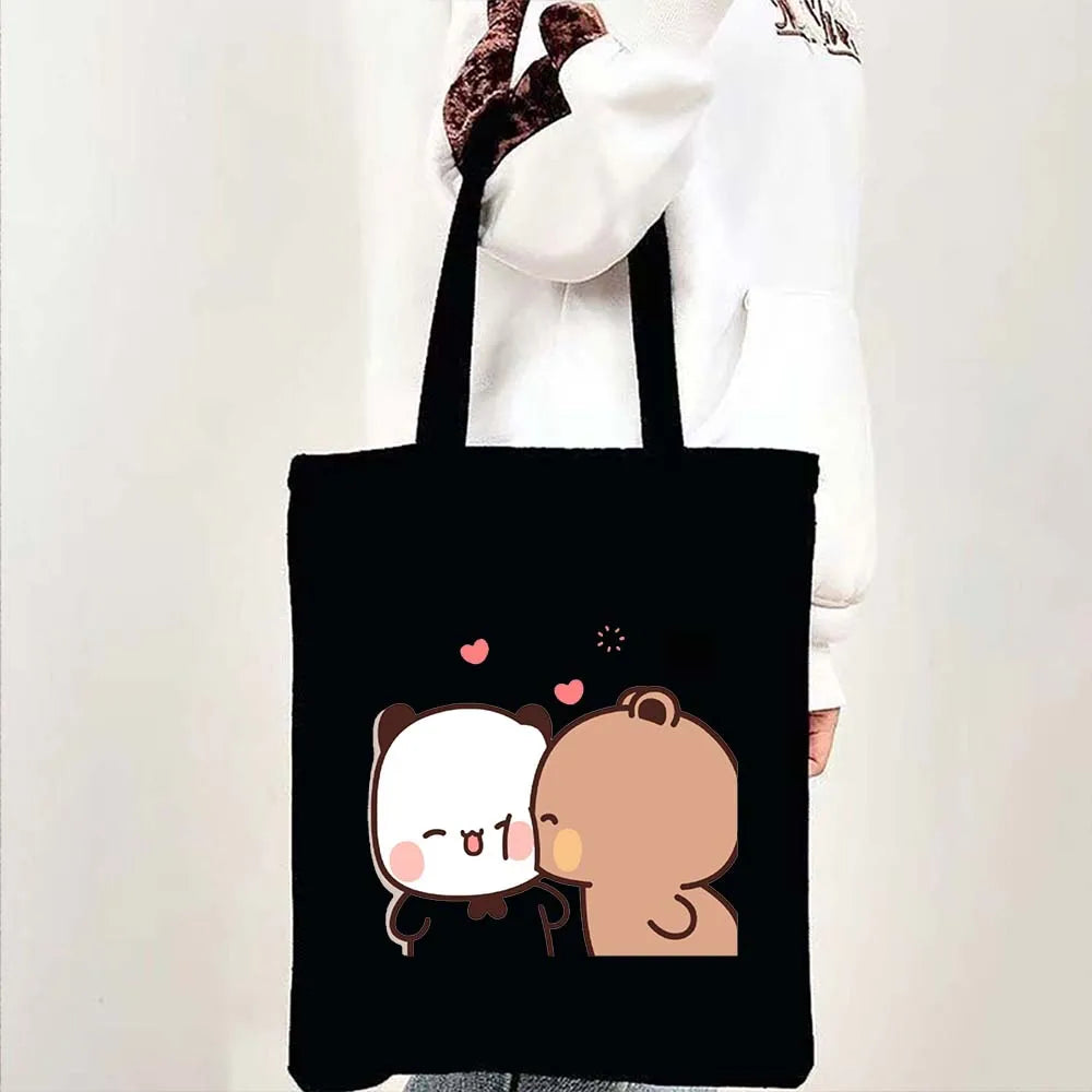 Cute Kawaii Bear Canvas Tote Bag – Bubu Dudu Love Couple Eco-Friendly Cotton Shopper for Women & Girls