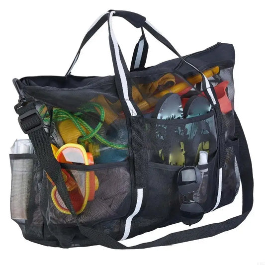 Extra-Large D46C Mesh Beach Bag with Pockets & Zipper Lightweight Nylon Beach