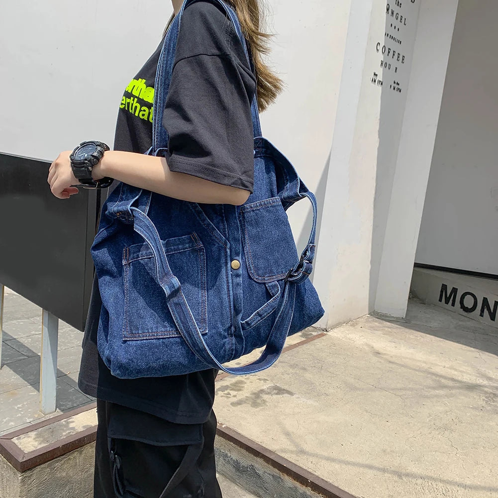 Women's Retro Shoulder Handbag – Large Capacity Vintage Crossbody Denim Tote for Travel & Daily Use