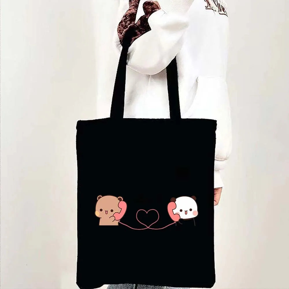 Cute Kawaii Bear Canvas Tote Bag – Bubu Dudu Love Couple Eco-Friendly Cotton Shopper for Women & Girls