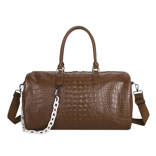 Luxury Leather Overnight Bag Ladies – Large Capacity Travel Tote, Crocodile Shoulder Crossbody Handbag with Thick Chain, Fashion Vacation Bag