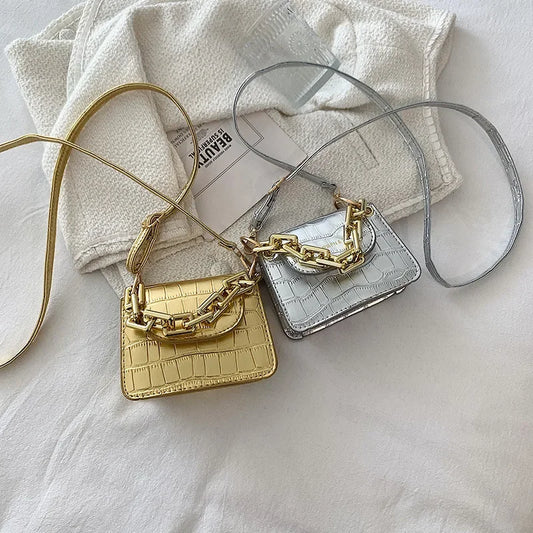 Mini-Umhängetasche aus PU-Leder für Damen – Stilvolle Gold-/Silber-Hardware, kompakte Modehandtasche