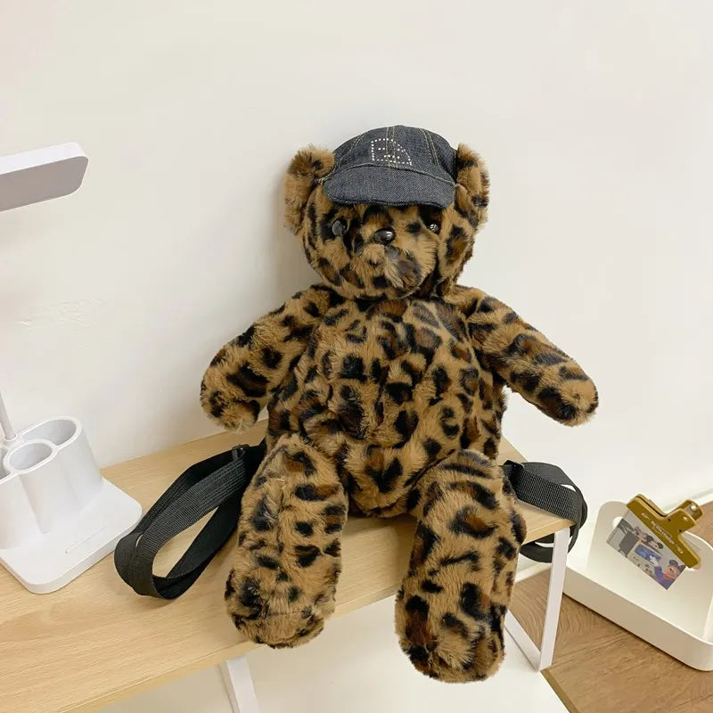 Cute Furry Teddy Bear Backpack – Leopard Print Plush Doll Shaped Bag for Women, Casual Fashion Winter Style